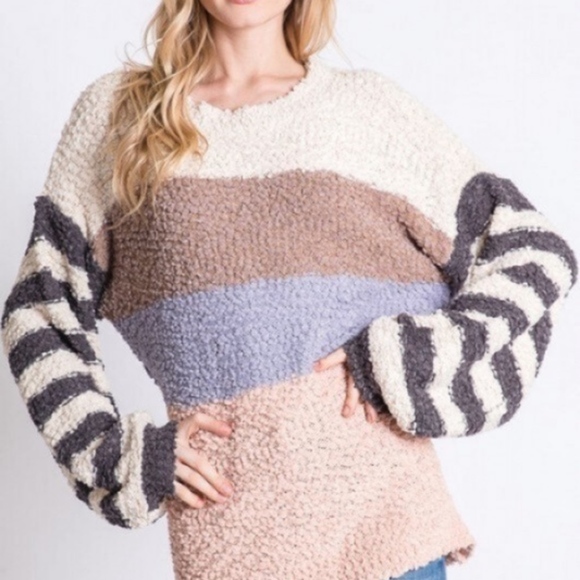027 Cozy Brown Pink Popcorn Color Block oversized Sweater